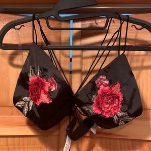 Stella Luce satin Strappy Black triangle bra with red embroidered roses